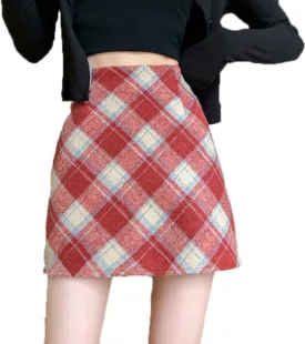 Islis Women's Wrap Wool Plaid Mini A Line Skirts Winter High Waisted Zipper Short Skirts