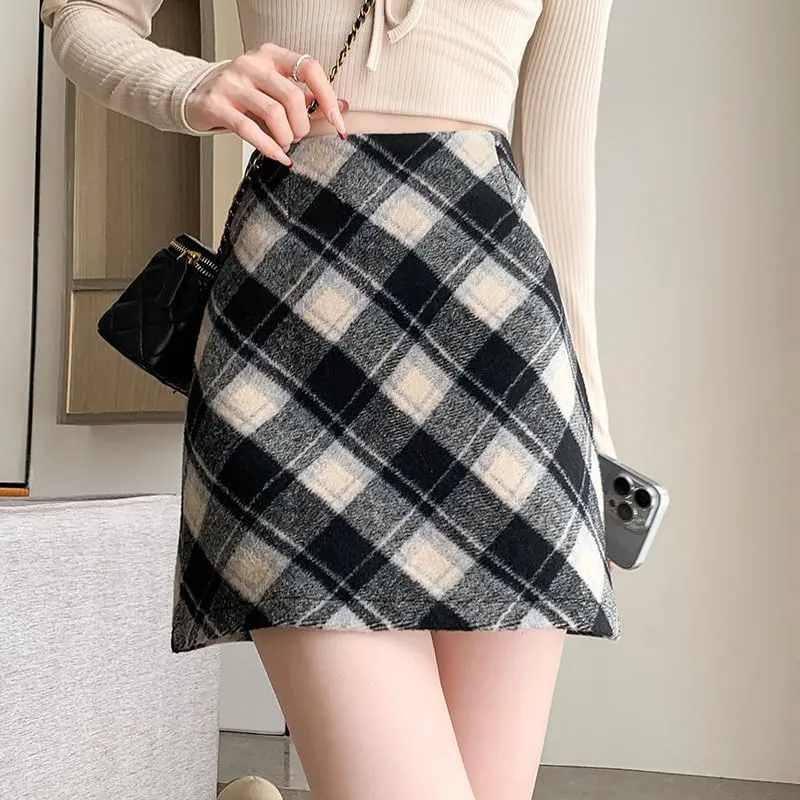 Islis Women's Wrap Wool Plaid Mini A Line Skirts Winter High Waisted Zipper Short Skirts