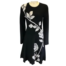 Lela Rose Black / White Floral Intarsia Long Sleeved Fit and Flare Dress