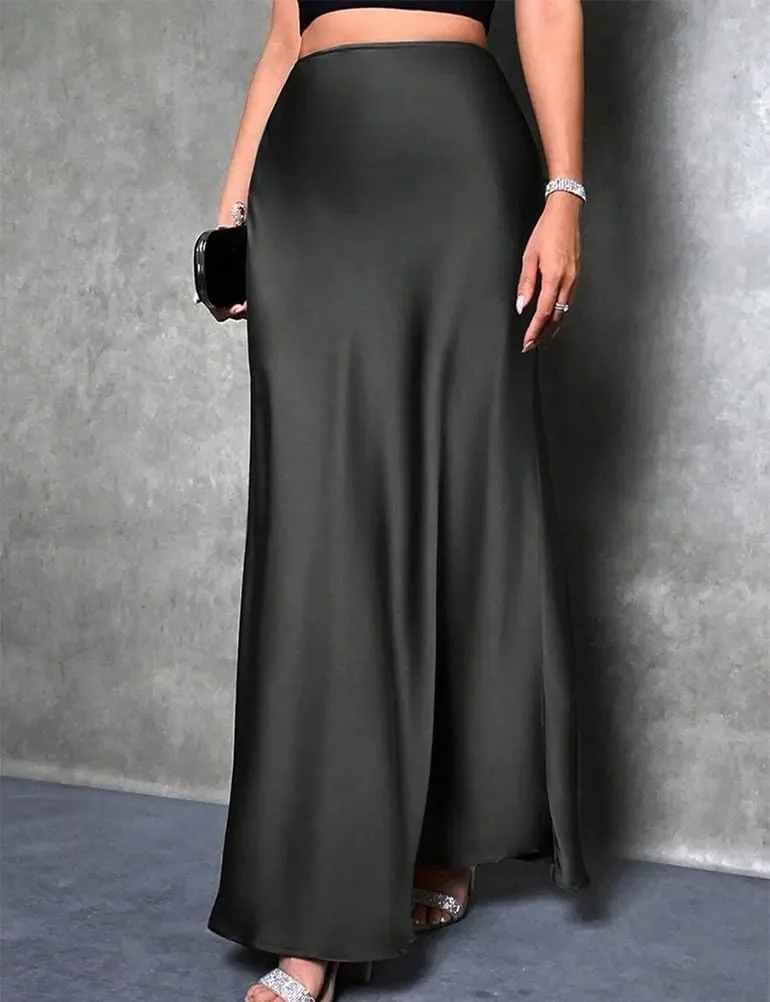 Long Satin Skirts for Women High Waisted A-Line Casual Elegant Flared Flowy Silk Maxi Skirt