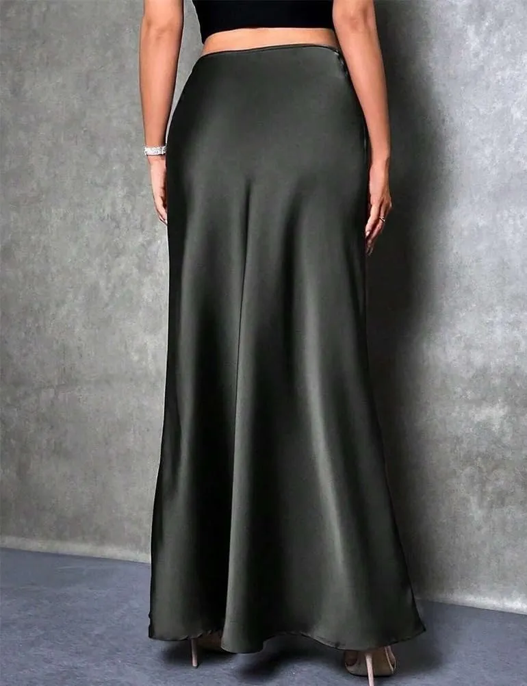 Long Satin Skirts for Women High Waisted A-Line Casual Elegant Flared Flowy Silk Maxi Skirt