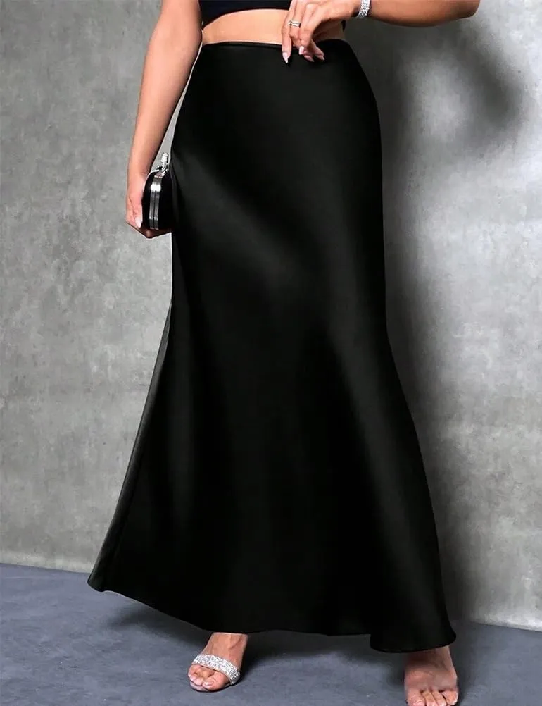 Long Satin Skirts for Women High Waisted A-Line Casual Elegant Flared Flowy Silk Maxi Skirt