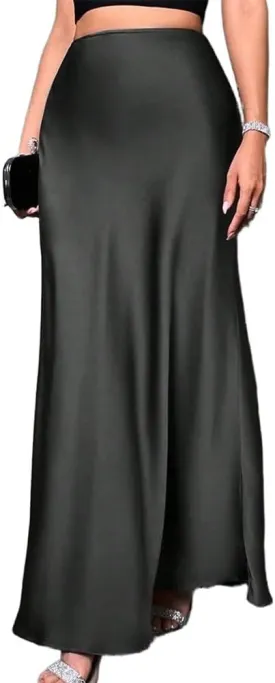 Long Satin Skirts for Women High Waisted A-Line Casual Elegant Flared Flowy Silk Maxi Skirt