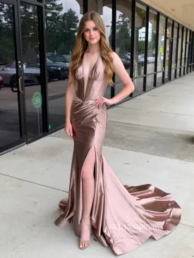 Mermaid V neck Cheap Long Prom Dress Evening Dress With Slit SEW1134