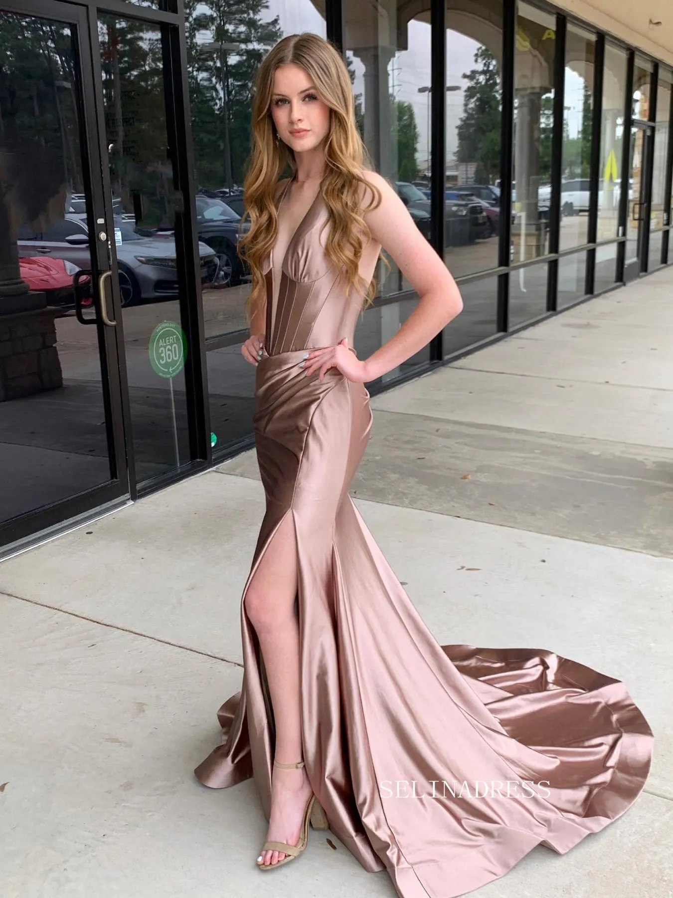 Mermaid V neck Cheap Long Prom Dress Evening Dress With Slit SEW1134