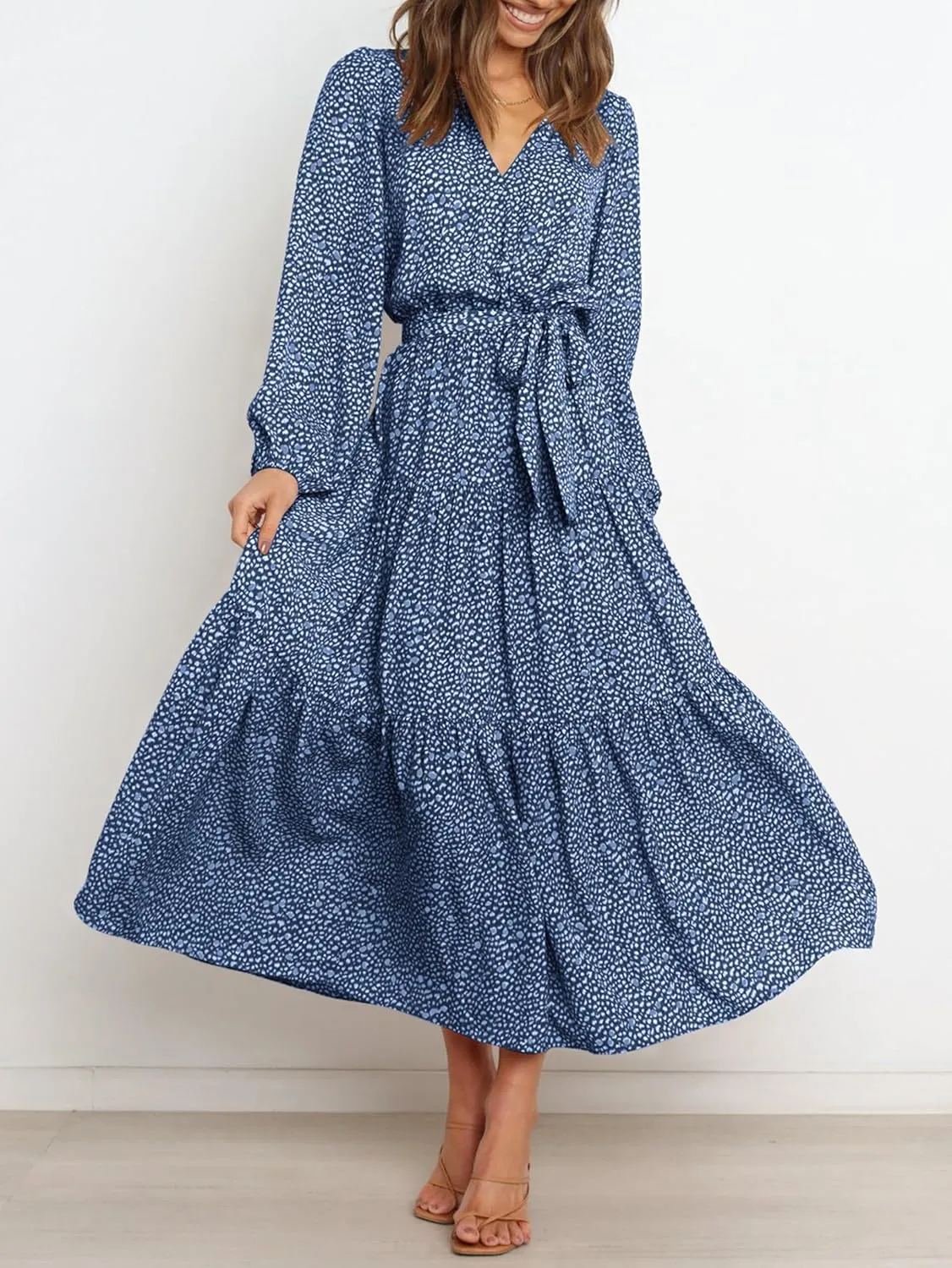 PRETTYGARDEN Womens Spring Long Sleeve Wrap V Neck Ruffle Floral Maxi Dress Casual Tie Waist Boho Chiffon Flowy Long Dresses