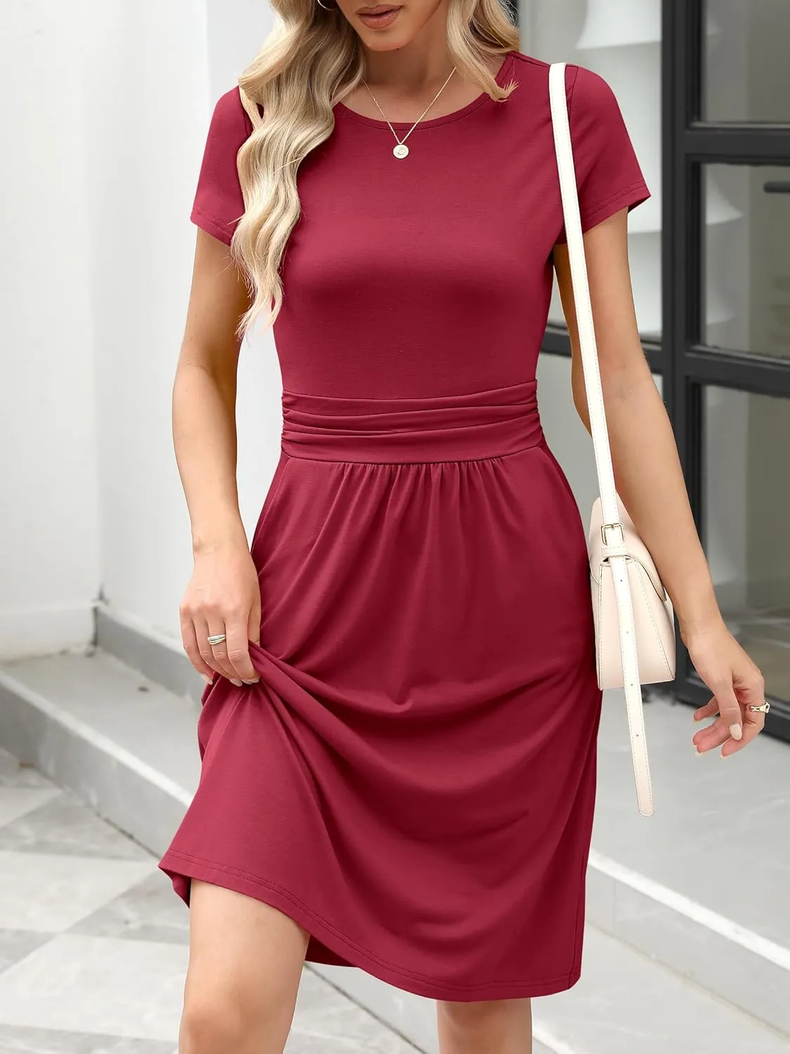 Prinbara Womens Summer Short Sleeve Dresses Casual Ruched Empire Waist Flowy A-Line Midi Modest Dress Beach Vacation Clothes