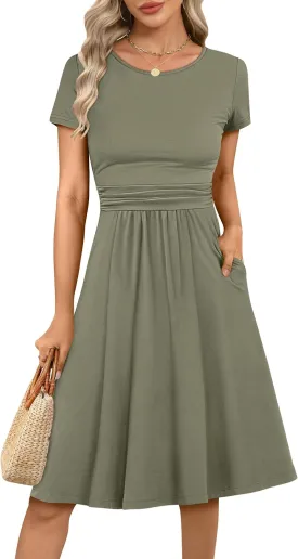 Prinbara Womens Summer Short Sleeve Dresses Casual Ruched Empire Waist Flowy A-Line Midi Modest Dress Beach Vacation Clothes