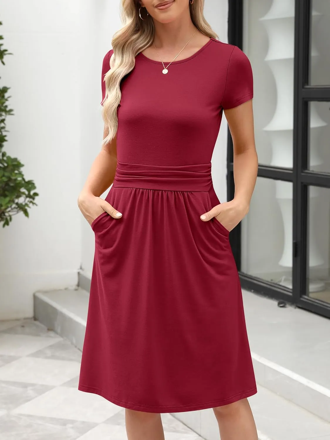 Prinbara Womens Summer Short Sleeve Dresses Casual Ruched Empire Waist Flowy A-Line Midi Modest Dress Beach Vacation Clothes