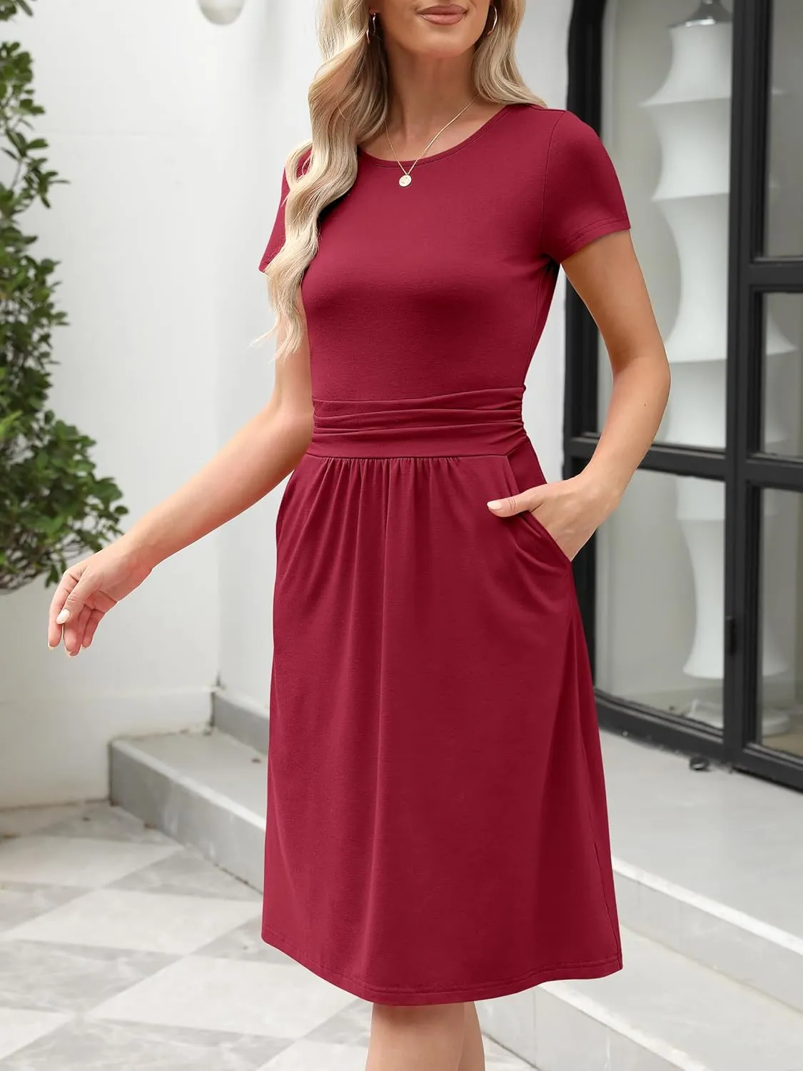 Prinbara Womens Summer Short Sleeve Dresses Casual Ruched Empire Waist Flowy A-Line Midi Modest Dress Beach Vacation Clothes