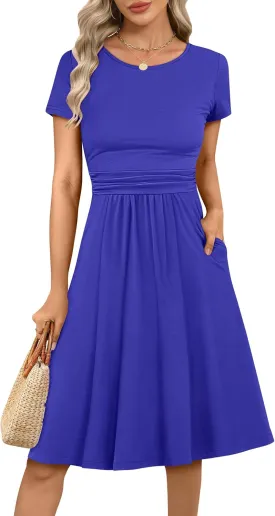 Prinbara Womens Summer Short Sleeve Dresses Casual Ruched Empire Waist Flowy A-Line Midi Modest Dress Beach Vacation Clothes