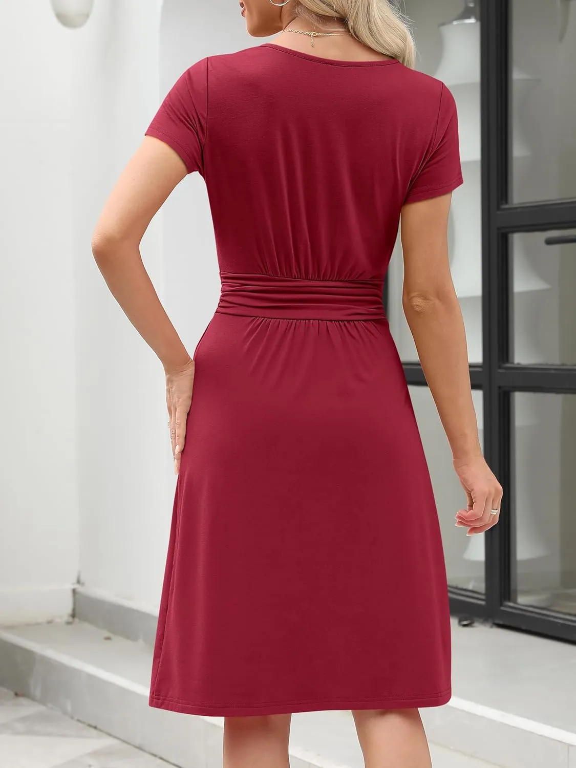 Prinbara Womens Summer Short Sleeve Dresses Casual Ruched Empire Waist Flowy A-Line Midi Modest Dress Beach Vacation Clothes