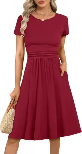 Prinbara Womens Summer Short Sleeve Dresses Casual Ruched Empire Waist Flowy A-Line Midi Modest Dress Beach Vacation Clothes