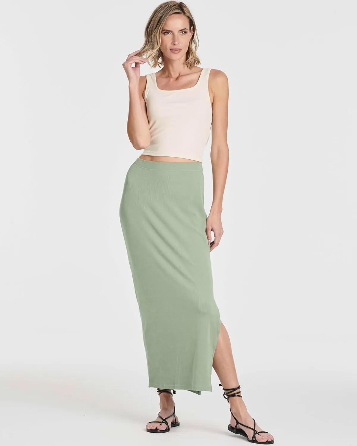 Real Essentials 3 Pack: Women's Ribbed High Waisted Maxi Skirt with Side Slit - Casual Long Pencil Skirt