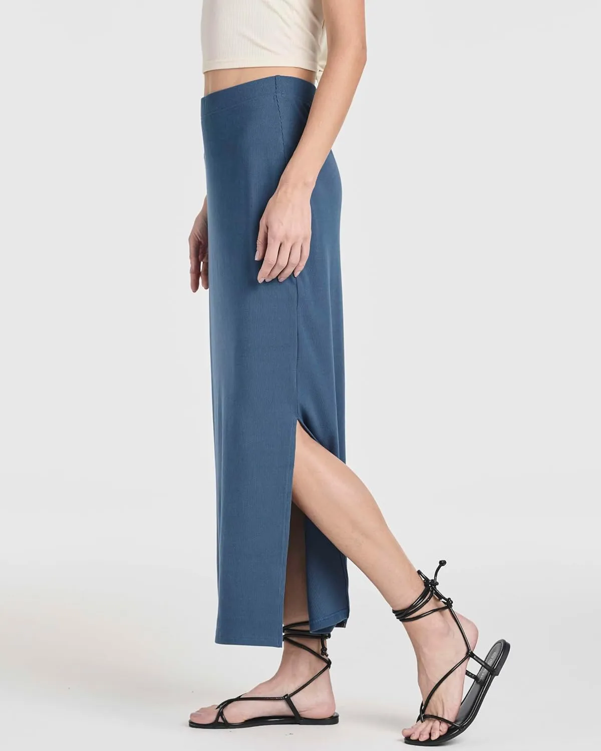 Real Essentials 3 Pack: Women's Ribbed High Waisted Maxi Skirt with Side Slit - Casual Long Pencil Skirt