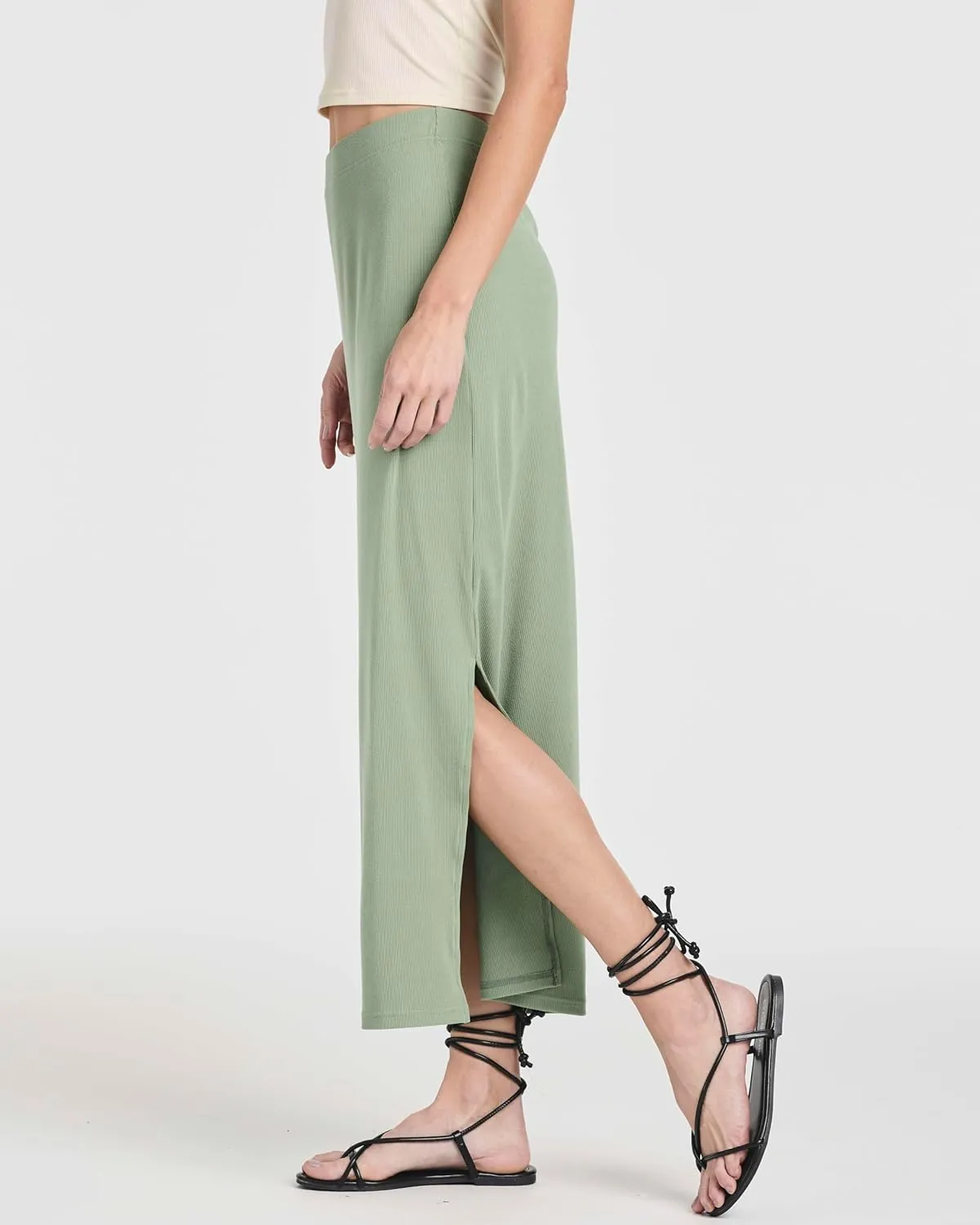 Real Essentials 3 Pack: Women's Ribbed High Waisted Maxi Skirt with Side Slit - Casual Long Pencil Skirt