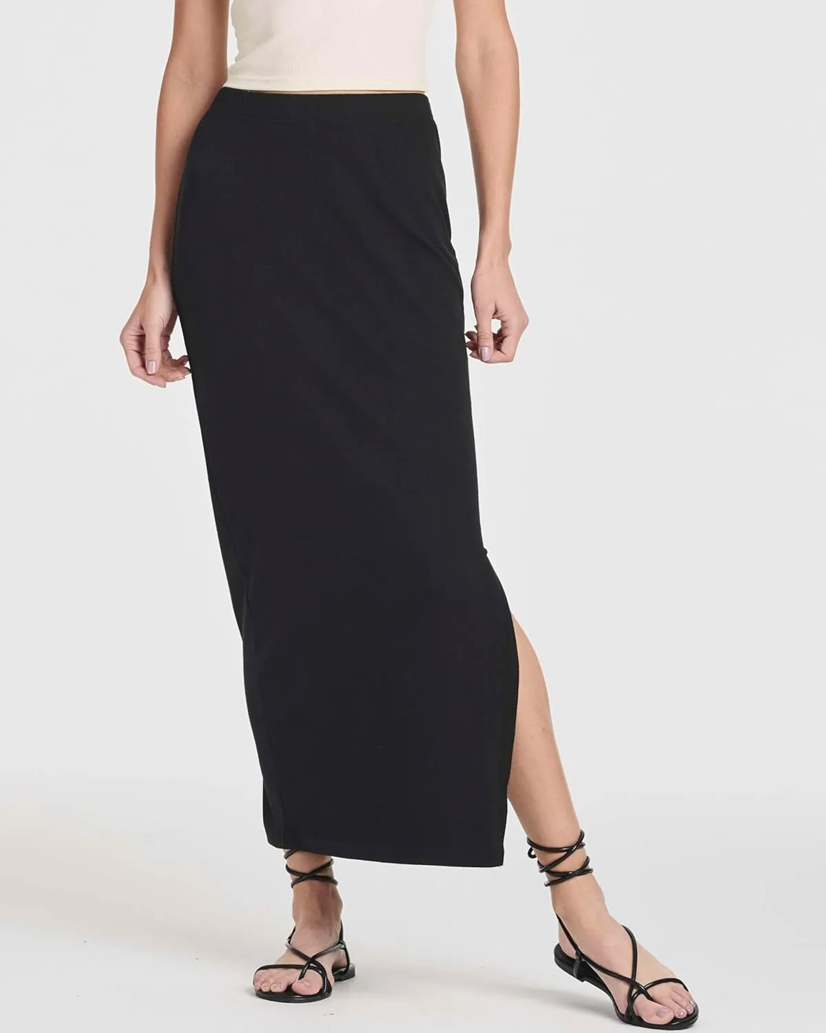 Real Essentials 3 Pack: Women's Ribbed High Waisted Maxi Skirt with Side Slit - Casual Long Pencil Skirt