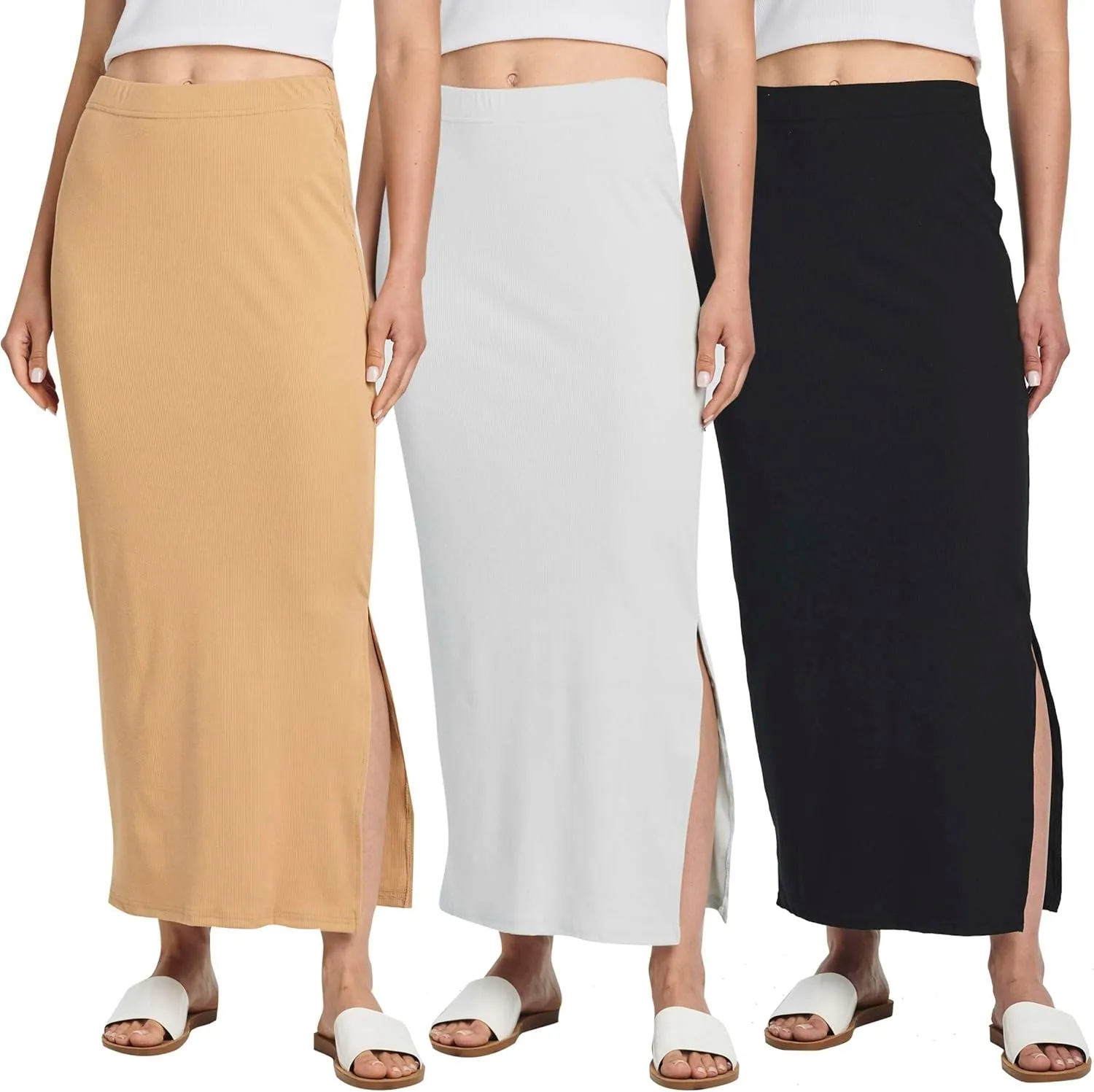 Real Essentials 3 Pack: Women's Ribbed High Waisted Maxi Skirt with Side Slit - Casual Long Pencil Skirt
