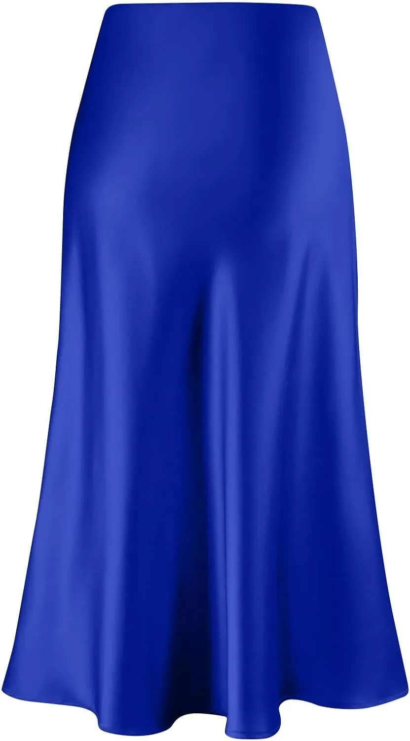 Satin Skirts for Women Summer Casual Flowy Silk High Waisted Modest Flared Ruffle Work Cocktail A Line Midi Skirts