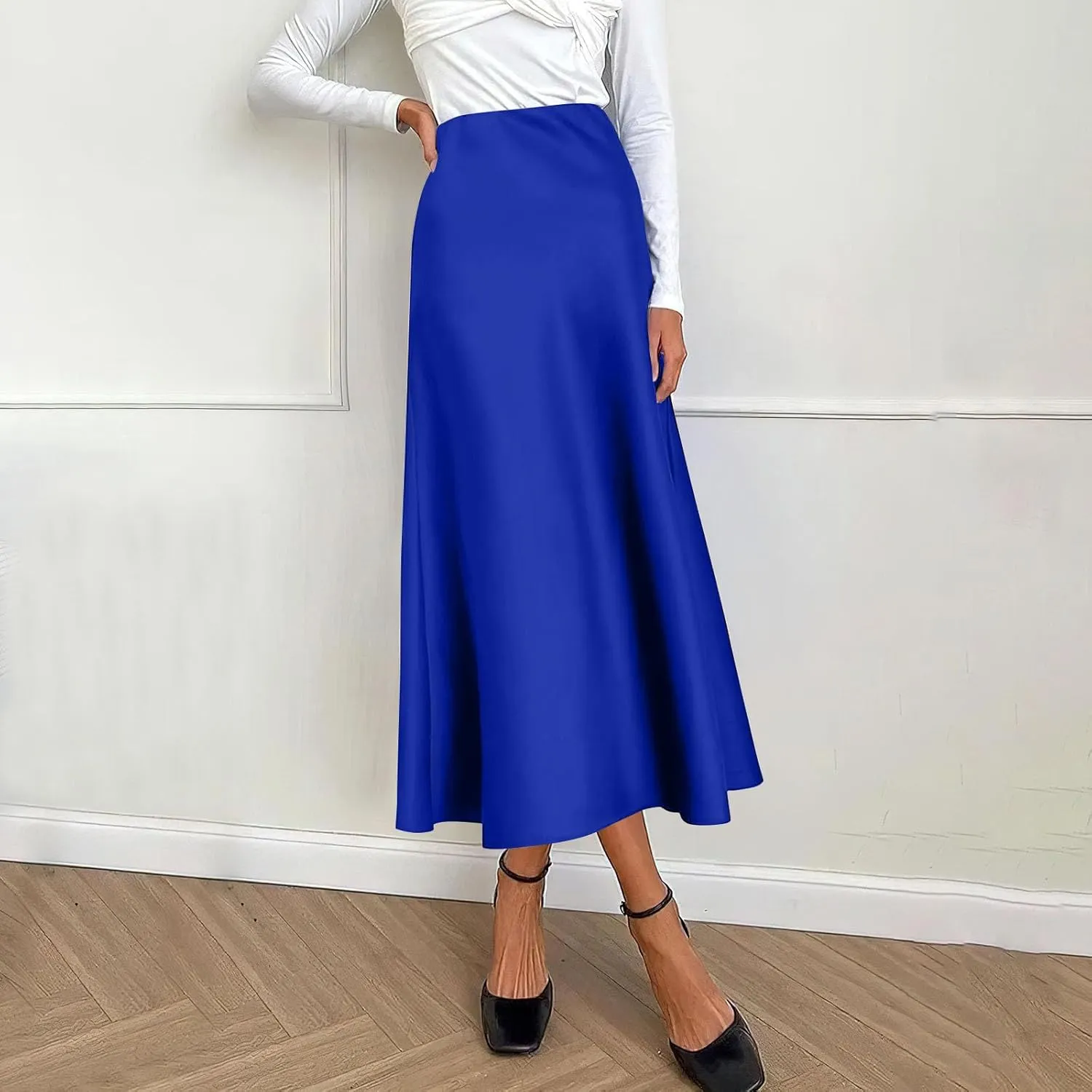 Satin Skirts for Women Summer Casual Flowy Silk High Waisted Modest Flared Ruffle Work Cocktail A Line Midi Skirts