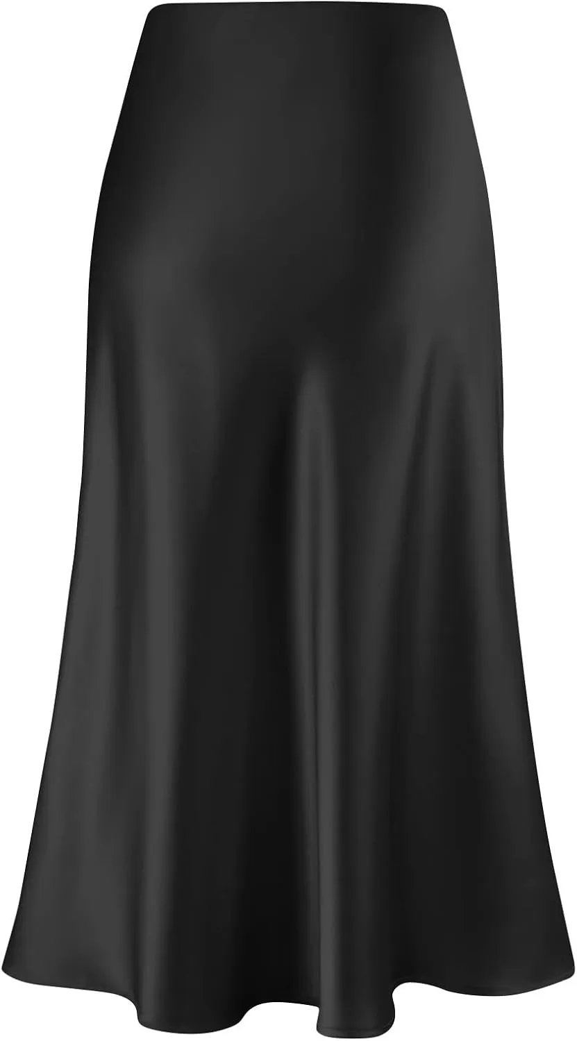 Satin Skirts for Women Summer Casual Flowy Silk High Waisted Modest Flared Ruffle Work Cocktail A Line Midi Skirts