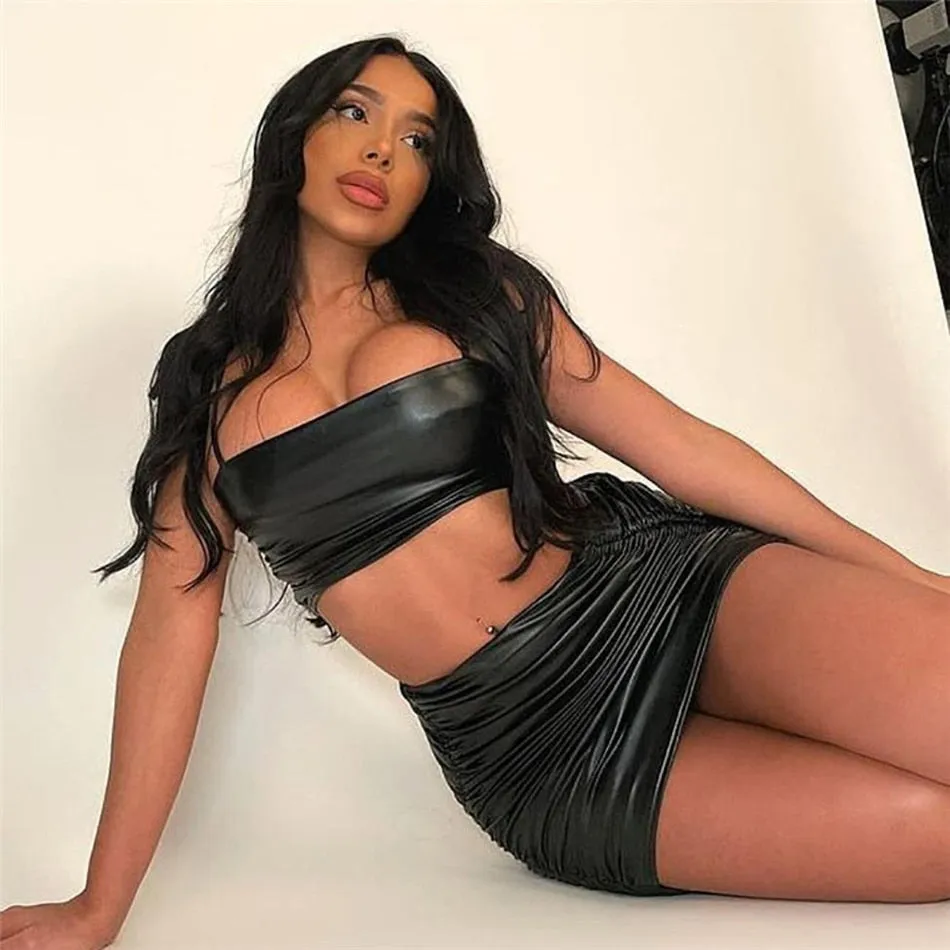 Scarlett Black PU Leather Two Piece Top & Mini Skirt Set