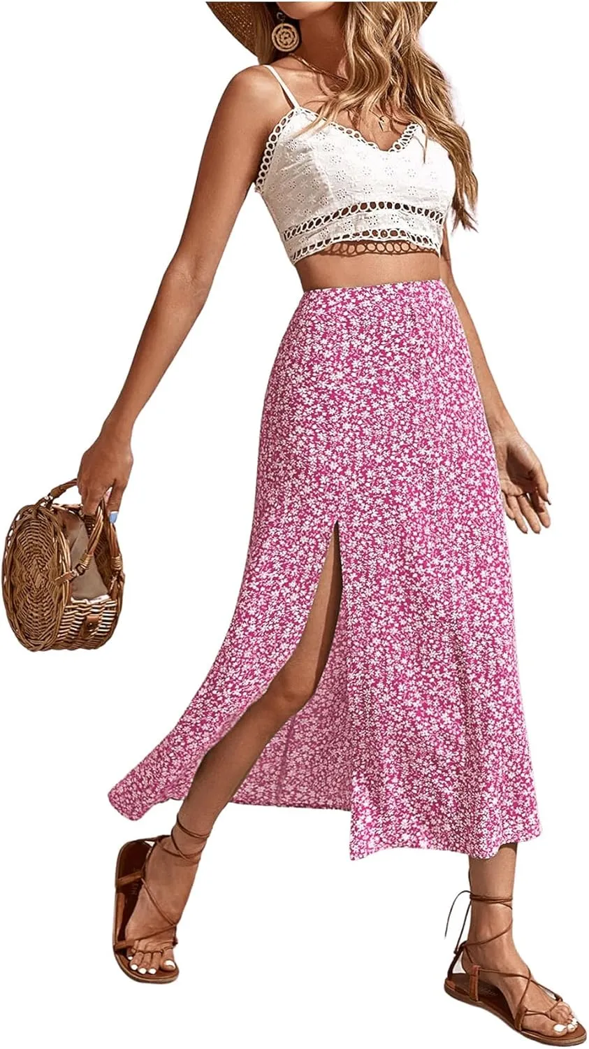 SweatyRocks Women's Ditsy Floral Print High Waist A Line Midi Skirts
