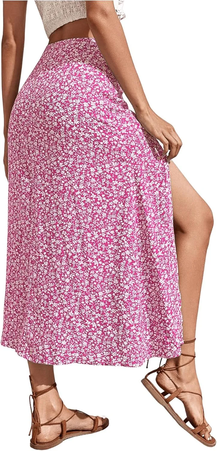 SweatyRocks Women's Ditsy Floral Print High Waist A Line Midi Skirts