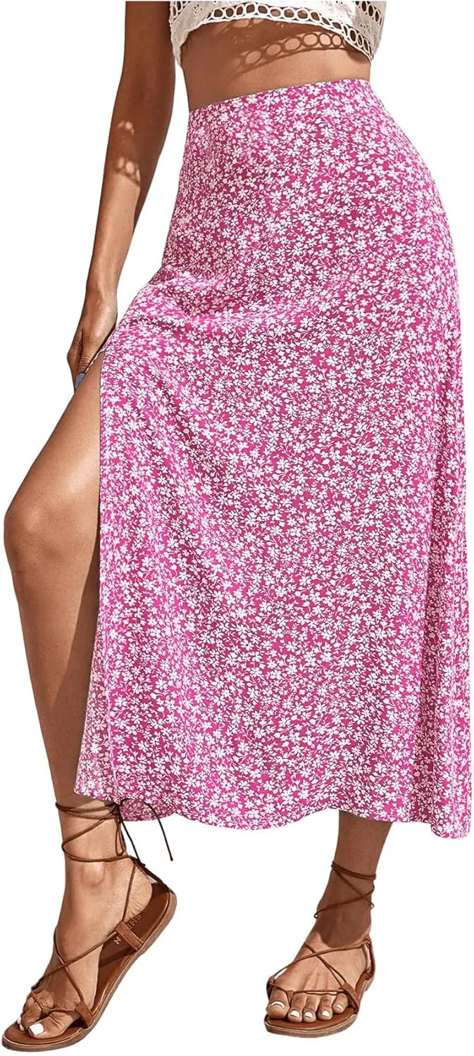 SweatyRocks Women's Ditsy Floral Print High Waist A Line Midi Skirts