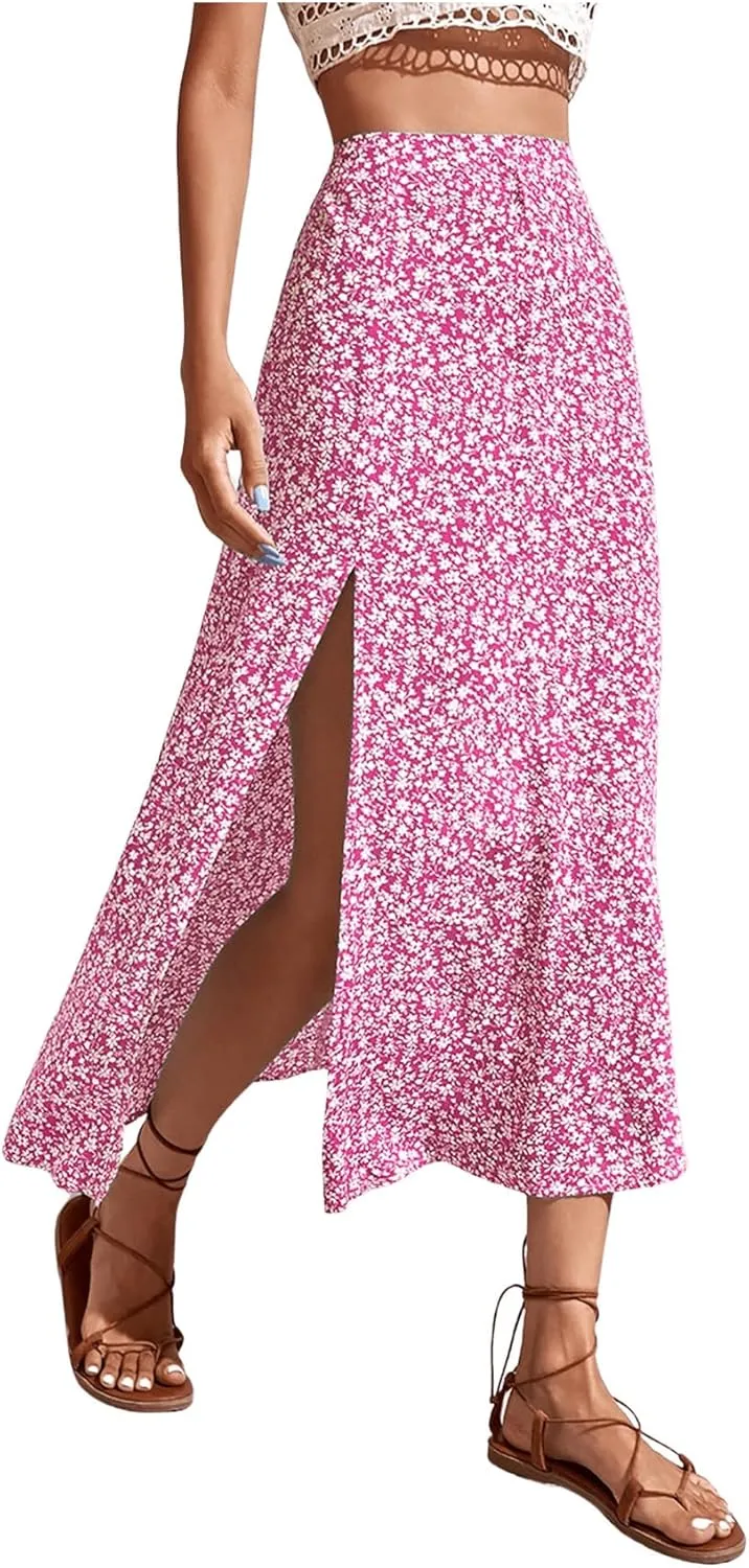 SweatyRocks Women's Ditsy Floral Print High Waist A Line Midi Skirts
