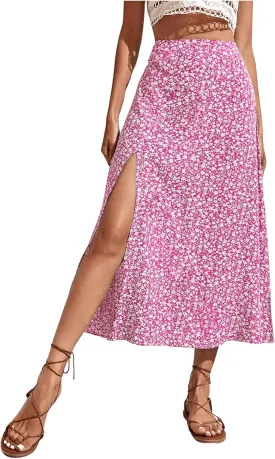 SweatyRocks Women's Ditsy Floral Print High Waist A Line Midi Skirts