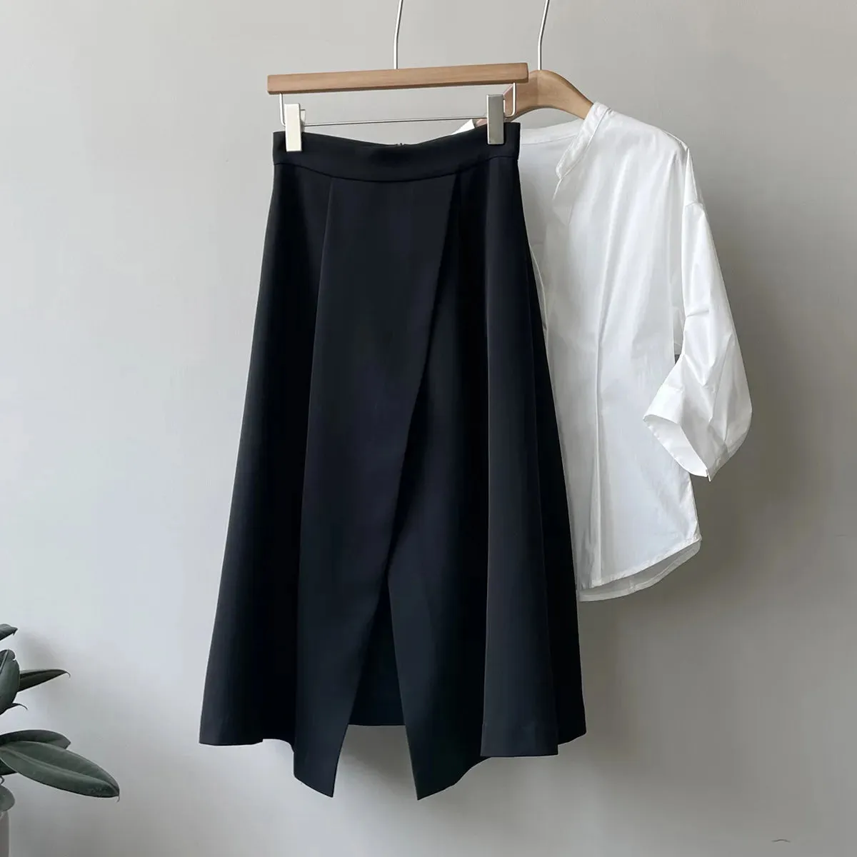 TAVIMART  -  Korean Elegant High Waist Split Mid-Length Skirts for Women Spring Summer Loose Pockets Solid Ladies A-line Skirts Temperament