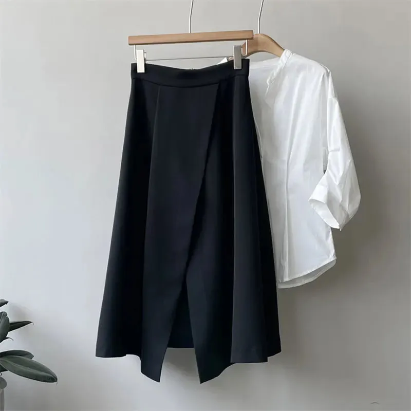 TAVIMART  -  Korean Elegant High Waist Split Mid-Length Skirts for Women Spring Summer Loose Pockets Solid Ladies A-line Skirts Temperament
