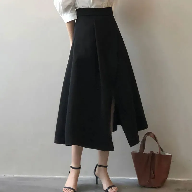 TAVIMART  -  Korean Elegant High Waist Split Mid-Length Skirts for Women Spring Summer Loose Pockets Solid Ladies A-line Skirts Temperament