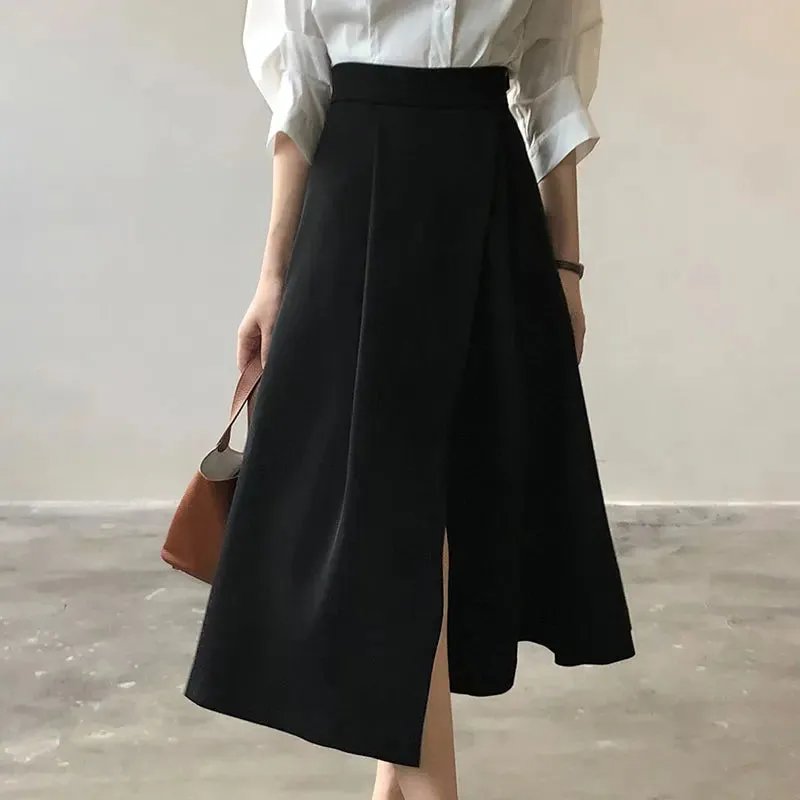TAVIMART  -  Korean Elegant High Waist Split Mid-Length Skirts for Women Spring Summer Loose Pockets Solid Ladies A-line Skirts Temperament