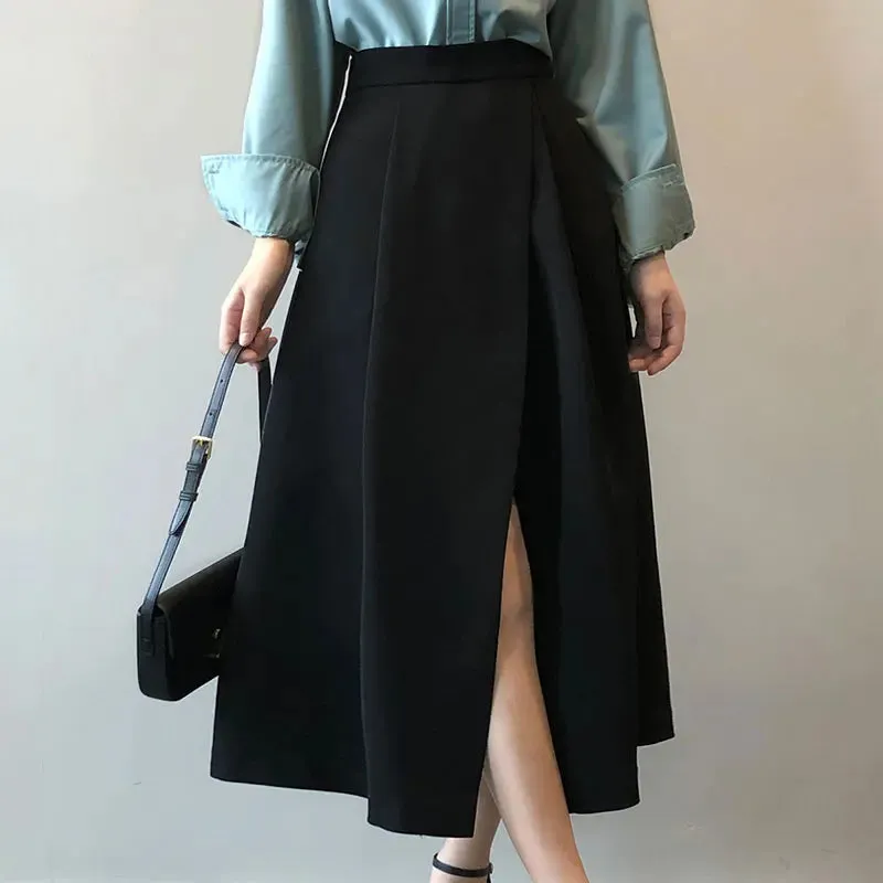 TAVIMART  -  Korean Elegant High Waist Split Mid-Length Skirts for Women Spring Summer Loose Pockets Solid Ladies A-line Skirts Temperament