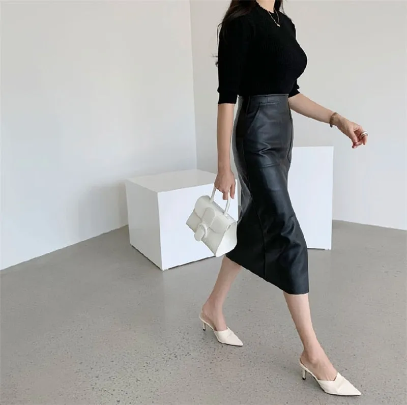 Wjczt New 2021 Autumn Women PU Leather Skirts High Waist Pockets Package Hip Skirt Female Front Split Zipper Midi Pencil Skirts