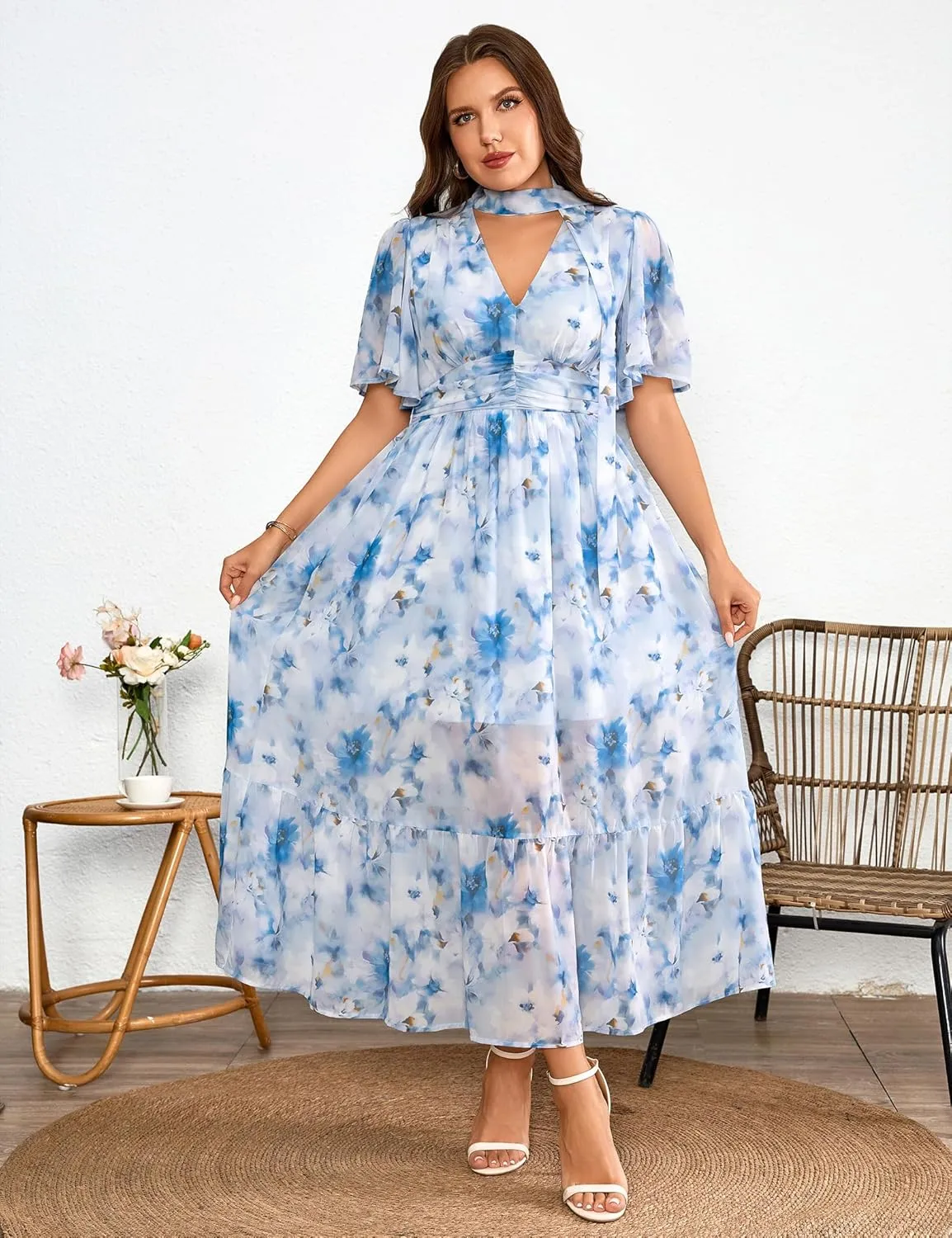 Women's 2025 Floral Summer Dress Smocked V Neck Boho Plus Size Beach Party Wedding Guest Ruffle Long Dresses