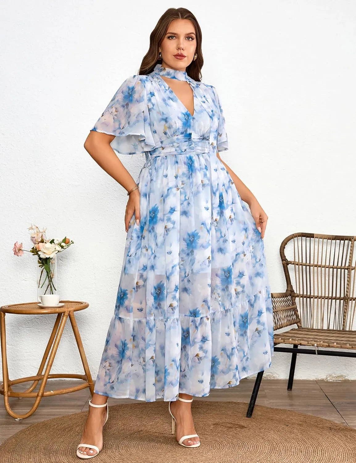 Women's 2025 Floral Summer Dress Smocked V Neck Boho Plus Size Beach Party Wedding Guest Ruffle Long Dresses