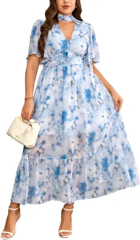 Women's 2025 Floral Summer Dress Smocked V Neck Boho Plus Size Beach Party Wedding Guest Ruffle Long Dresses