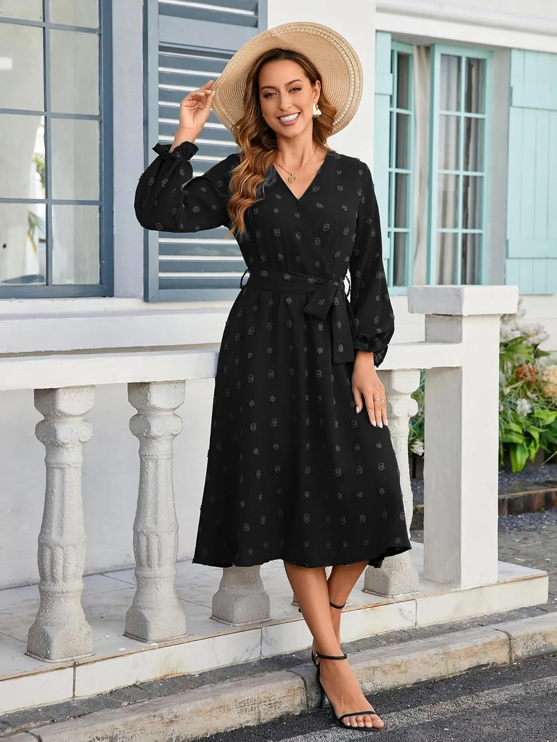 Women's Casual Dress Long Sleeve Swiss Dot Long Flowy A Line Boho Dresses with Belt