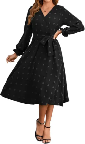 Women's Casual Dress Long Sleeve Swiss Dot Long Flowy A Line Boho Dresses with Belt