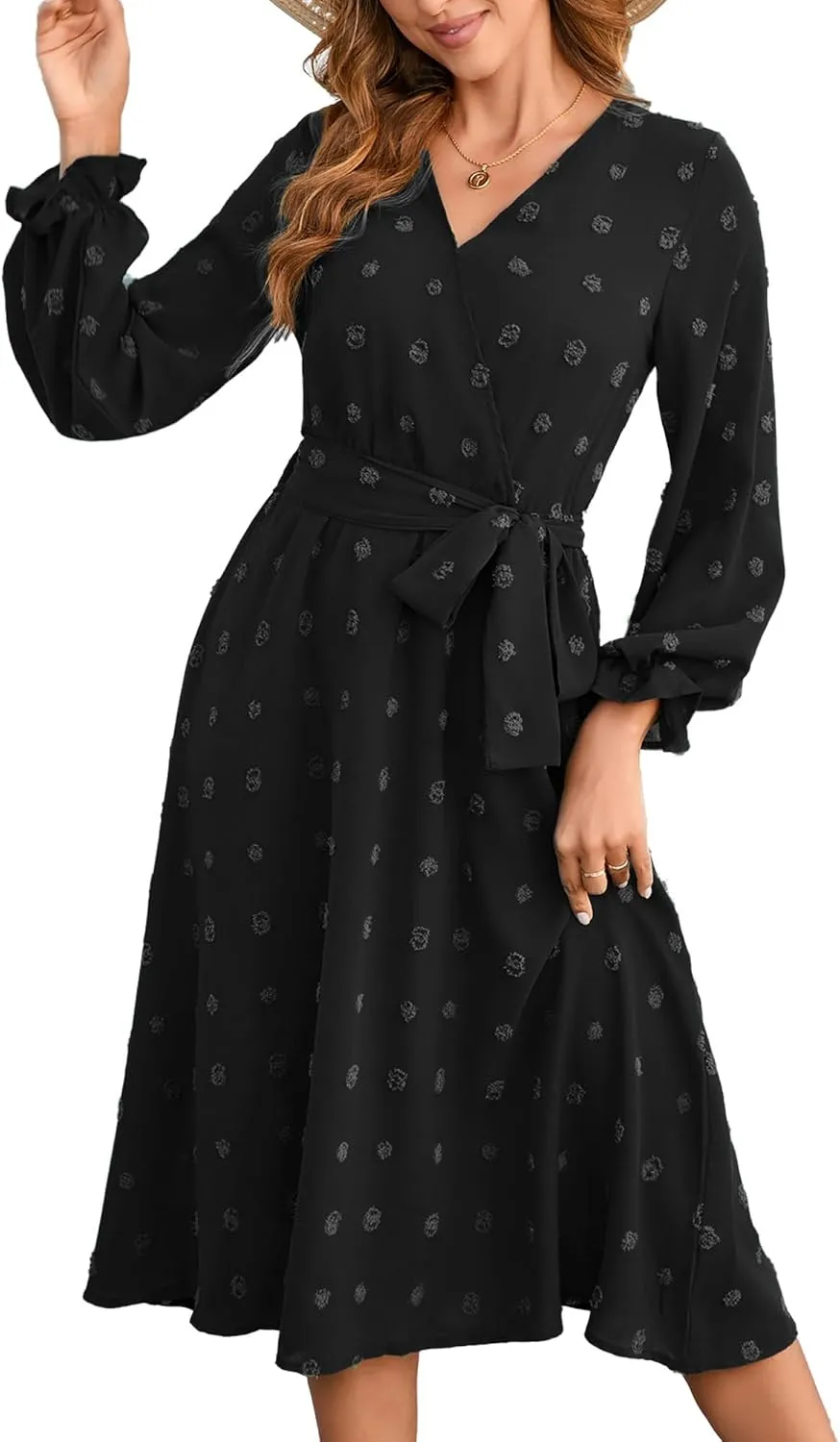 Women's Casual Dress Long Sleeve Swiss Dot Long Flowy A Line Boho Dresses with Belt