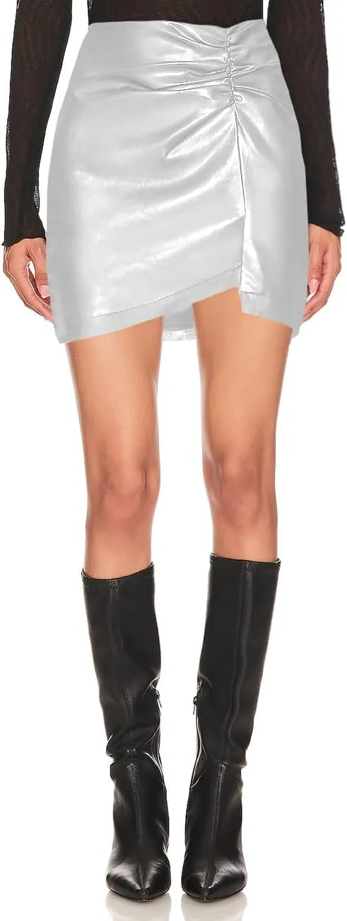 Women's Fuax Leather Skirts High Waist Ruched Short Bodycon Pencil Mini Skirt with Slit