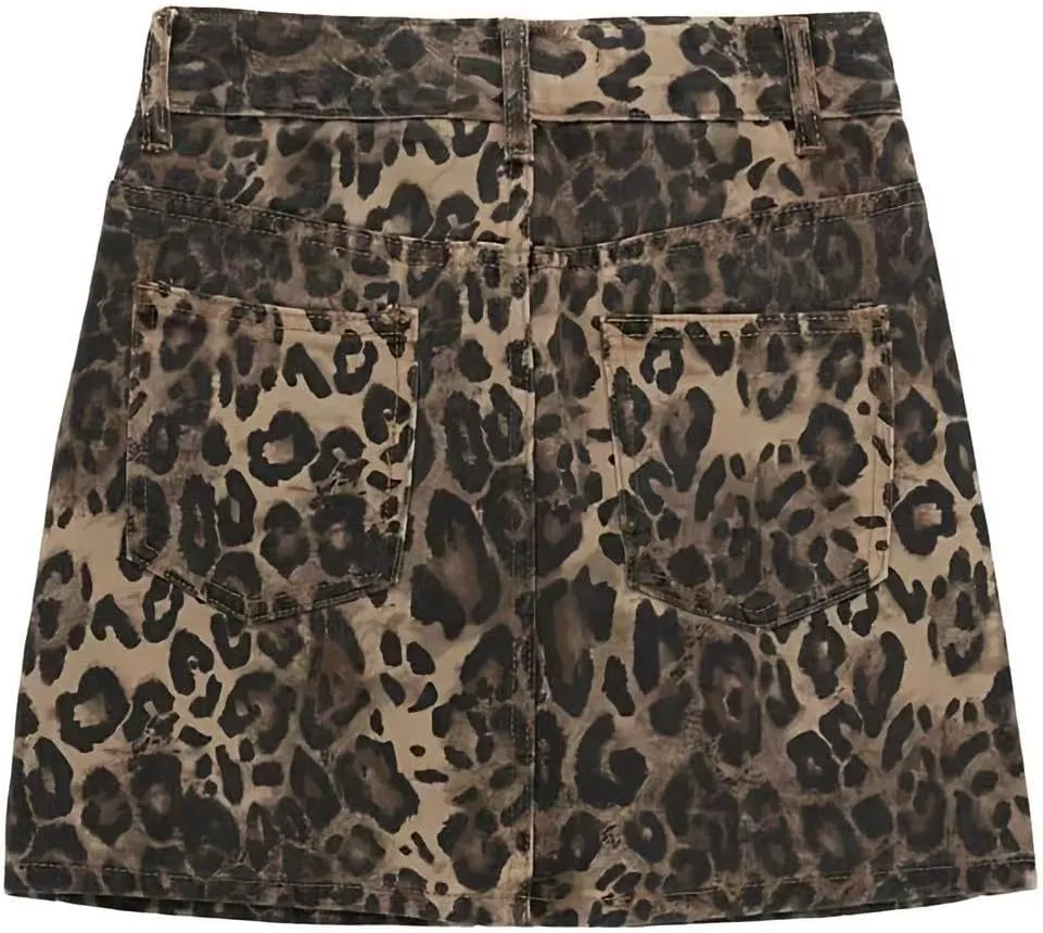 Women's Leopard Print Denim Mini Skirt High Waisted Sexy Bodycon Short Cheetah Print Jean Skirts for Women