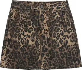 Women's Leopard Print Denim Mini Skirt High Waisted Sexy Bodycon Short Cheetah Print Jean Skirts for Women