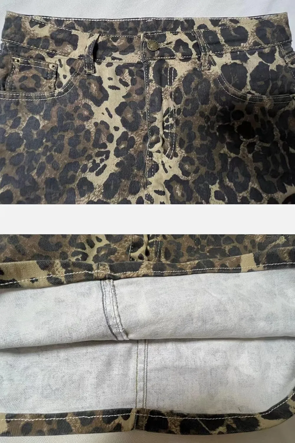 Women's Leopard Print Denim Mini Skirt High Waisted Sexy Bodycon Short Cheetah Print Jean Skirts for Women