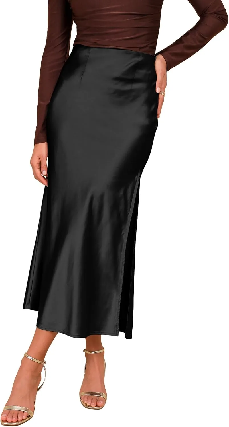 Women's Satin High Waisted Maxi Skirt Elegant Work Skirts Side Split Elastic Waistband