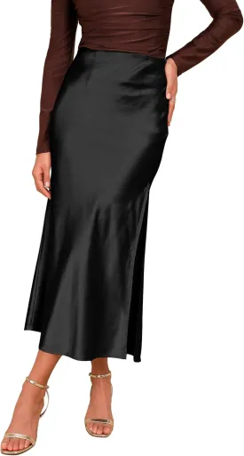 Women's Satin High Waisted Maxi Skirt Elegant Work Skirts Side Split Elastic Waistband