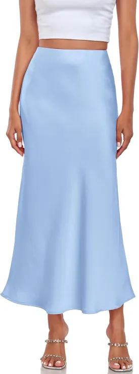 Women's Silk Satin Maxi Skirt High Waist Elastic A Line Fishtail Elegant Work Elastic Long Skirts